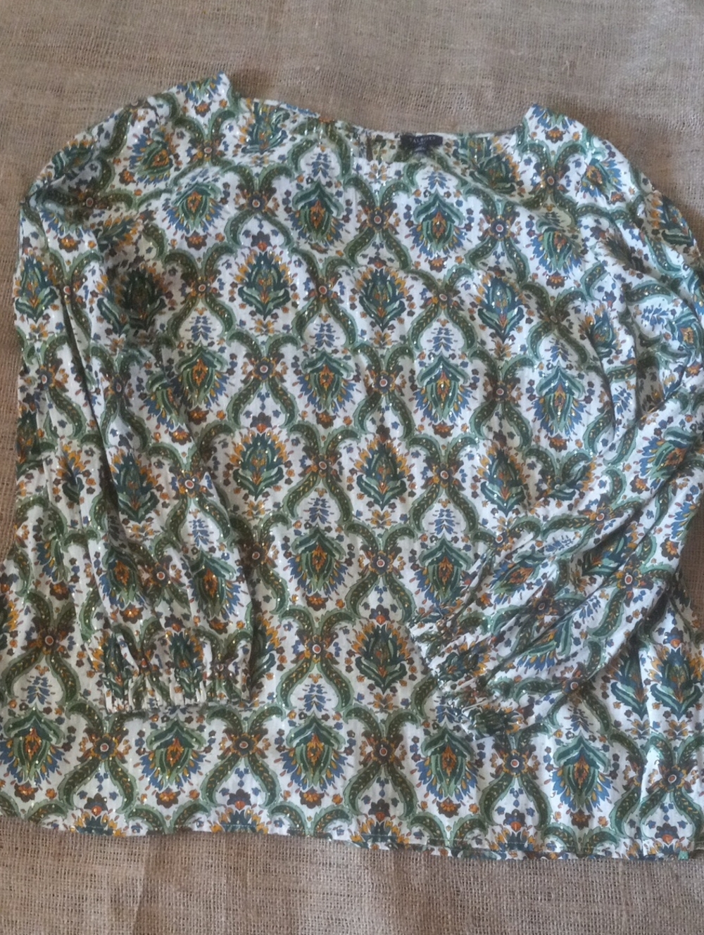Talbots Green and White Paisley-Style Tunic Top